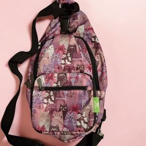 ECO CHIC Cat's Meow Print Lightweight Nylon Crossbody Sling Bag - Pink & Purple